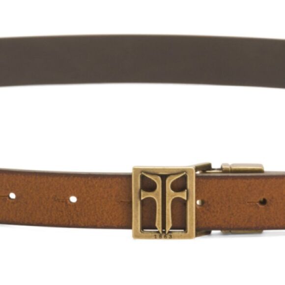 FRYE LβTan Brown Reversible Twist Gold Tone Hardware Pin Hole Leather Belt - Picture 3 of 8